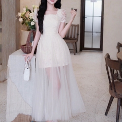 Đầm thiết kế cổ vuông tay ren dáng dài phối voan đi tiệc cao cấp hai màu trắng kem