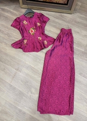 Set đồ lam lụa tơ tằm thêu hoa hồng áo tay cộc