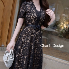 Đầm thiết kế ren cổ V nơ eo