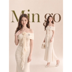 Đầm thiết kế trễ vai hoa ngực dáng xoè