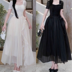 Đầm cổ vuông dáng dài viền ngọc tay ngắn phối ren 
đầm dài phồng thiết kế sang chảnh đi tiệc