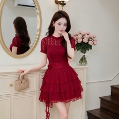Đầm thiết kế ren cổ tròn cao cấp phối tơ tay ngắn dáng ngắn