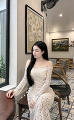 Đầm thiết kế trễ vai tay dài body ren hoa