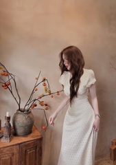 Đầm chấm bi dáng dài ren cổ