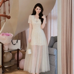 Đầm thiết kế cổ V đính đá cổ nơ ngực