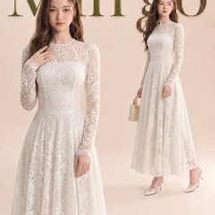 Đầm thiết kế cổ tròn ren tay dài dáng dài