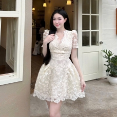 Đầm thiết kế ren cổ chữ V đính nơ trước ngực