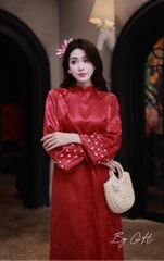 Áo dài gấm tay loe đính hoa quần lưng thun H