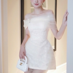 Đầm trễ vai phối voan chữ A phối ren lông