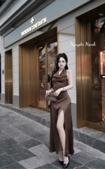 Đầm cột nơ cổ lụa xẻ tà