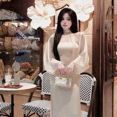 Đầm thiết kế lụa kèm khăn choàng và dây lụa