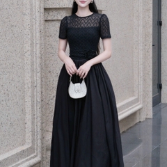 Đầm cổ tròn phối ren dáng dài xoè cao cấp tay ngắn đi tiệc 3 màu kem/ trắng/đen