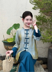 Lam tằm ánh cổ tròn tay loe