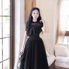 Đầm cổ tròn ren đính nơ to dáng xoè sang chảnh