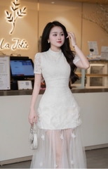 Đầm thiết kế cổ tròn kèm voan mỏng