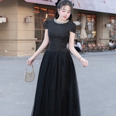 Đầm thiết kế dạ cổ tròn đính đá dáng dài phối tơ