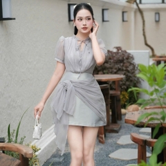 Đầm thiết kế voan cổ cao tay ngắn phối dây voan hoa size dưới 65kg 3 màu xám xanh/ đen/ kem