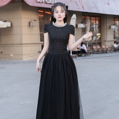 Đầm thiết kế dạ cổ tròn đính đá dáng dài phối tơ