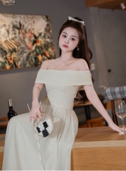 Đầm trễ vai ren chéo dáng dài phối voan
