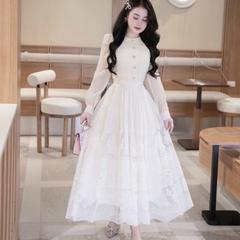 Đầm thiết kế tơ tay dài dáng xoè cao cấp tặng cài nơ