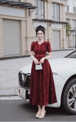 Đầm thiết kế cổ V ren thắt eo nơ cao cấp
