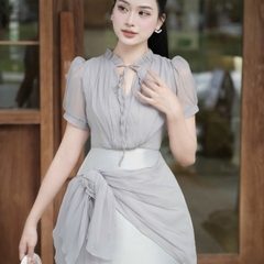 Đầm thiết kế voan cổ cao tay ngắn phối dây voan hoa size dưới 65kg 3 màu xám xanh/ đen/ kem