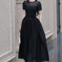 Đầm cổ tròn phối ren dáng dài xoè cao cấp tay ngắn đi tiệc 3 màu kem/ trắng/đen