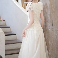 Đầm cổ V tim ren dáng xoè dài tay ngắn thiết kế đi tiệc