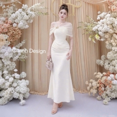 Đầm thiết kế lụa body trễ vai phối voan