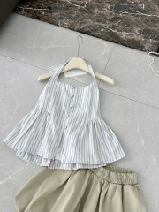 Set áo kẻ 2 dây quần bí ngắn phồng