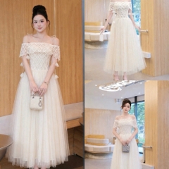 Đầm thiết kế 2 dây trễ vai phối voan dáng dài