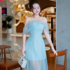 Đầm thiết kế ren voan dài phụ kiện nơ đính đá