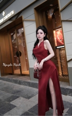 Đầm cột nơ cổ lụa xẻ tà
