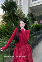 Đầm thiết kế tay dài dáng bồng cổ tròn hoa eo