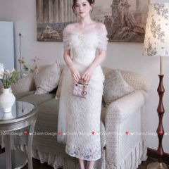 Đầm thiết kế trễ vai ren đính hoa dáng dài