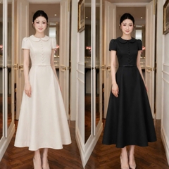 Đầm thiết kế cổ sen nút ngực nơ eo dáng dài