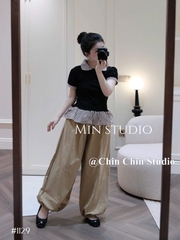 Set áo cổ sen kèm quần ống rộng bo chân