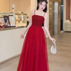 Đầm dạ 2 dây phối lưới  sang trọng kèm khoác