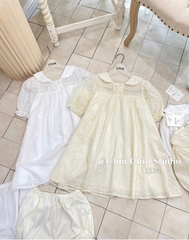 Set áo váy babydoll tay phồng thêu hoa kèm quần