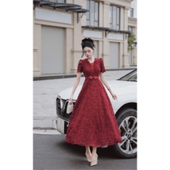 Đầm thiết kế cổ V ren thắt eo nơ cao cấp