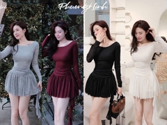 Đầm len trễ vai dài tay nhũn eo ôm body cv xoè phối tà bèo