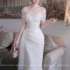 Đầm thiết kế trễ vai ren đính hoa dáng dài
