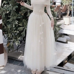Đầm trễ vai tay dài ren phối voan dài