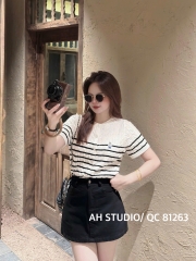 Áo kiểu len tay ngắn gấu sọc