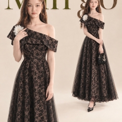 Đầm thiết kế lệch vai ren hoa dáng dài