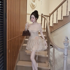 Đầm thiết kế trễ vai hoa eo tùng xoè
