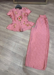 Set đồ lam lụa tơ tằm thêu hoa hồng áo tay cộc