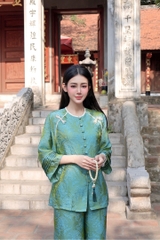 Lam tằm ánh cổ tròn cúc bọc nơ 2 bên vai