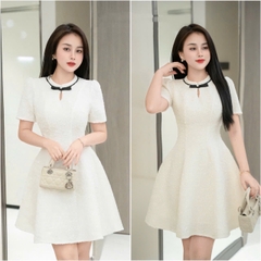 Đầm ren len cổ tròn chữ A dáng ngắn đỏ trắng