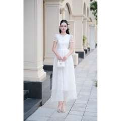 Đầm ren thiết kế cao cấp phối tay ren sang chảnh tầng voan lượn sóng dáng dài trắng kem cổ tròn